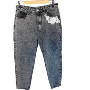 Shein Black Acid Wash Floral Crochet Straight Leg Jeans Size L